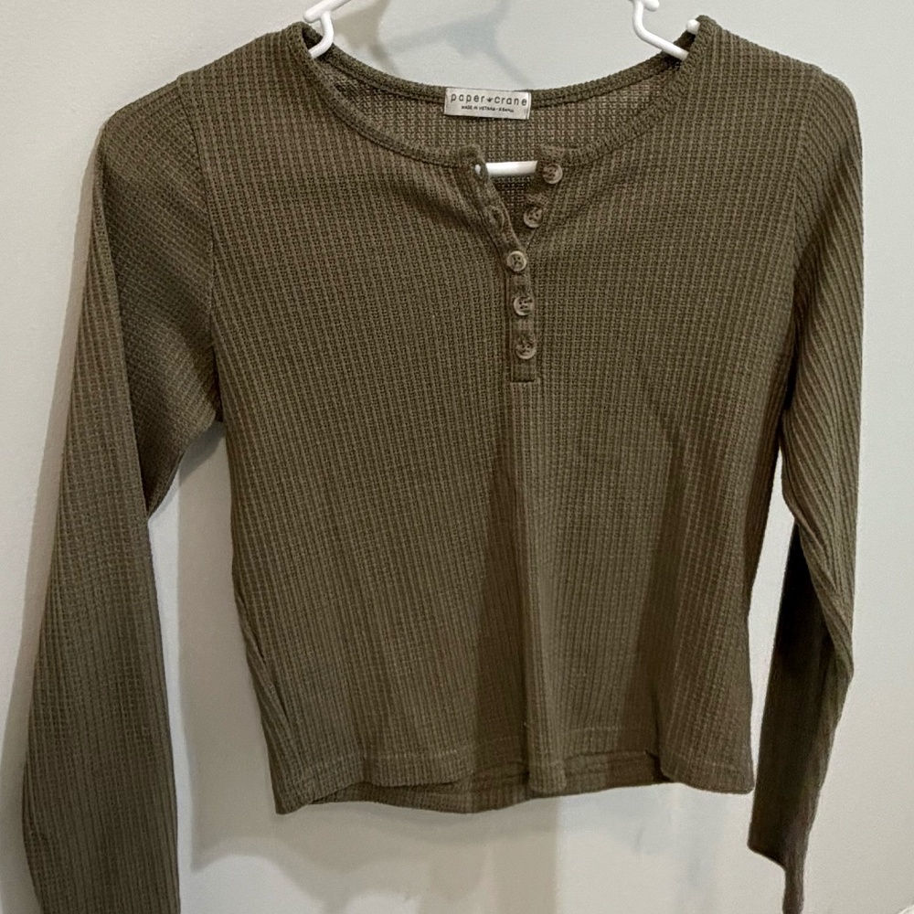 Waffle Knit Long Sleeve Olive Green Henley Shirt